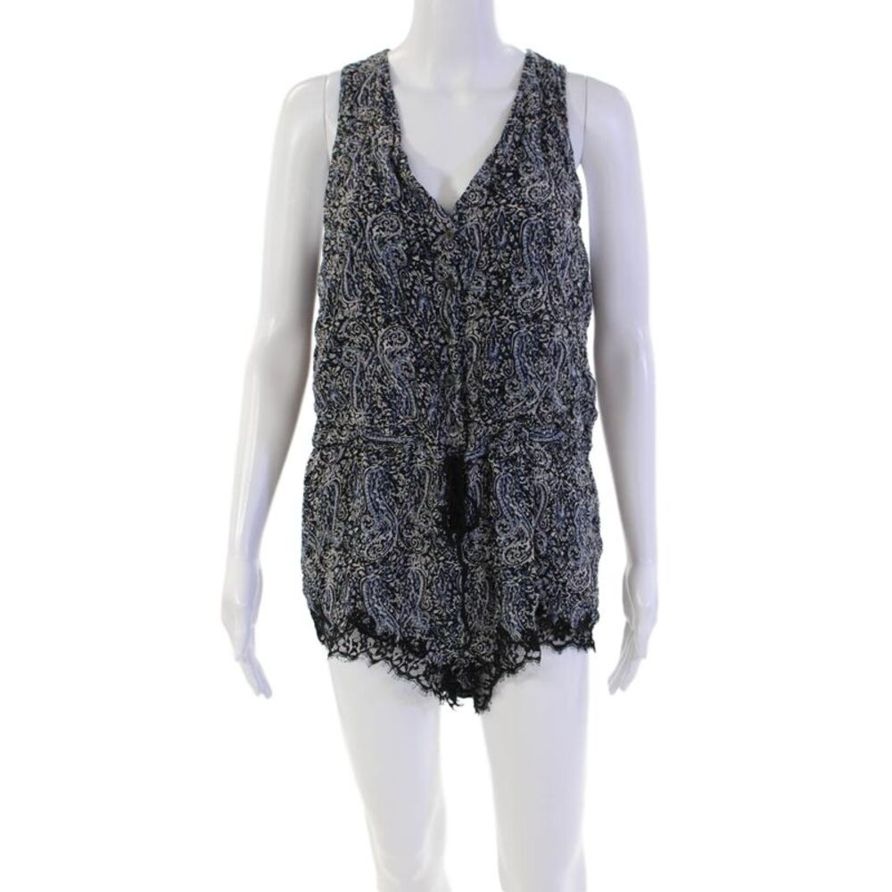 Marjolaine Womens Geometric Sleeveless V-Neck Buttoned Romper Blue Size 42